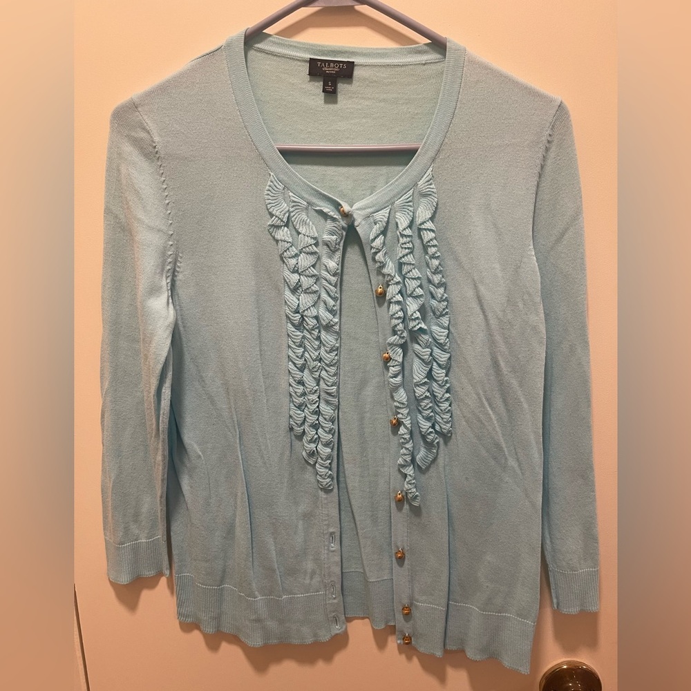 Talbots Tiffany blue Ruffle Cardigan